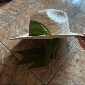 Sarah Bray Straw Zinnia Hat with Green Ribbon